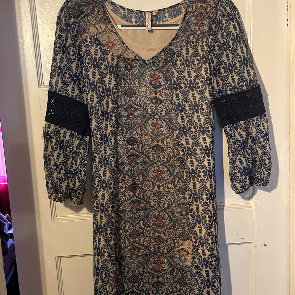 Blue and Cream Sheer Dress with Waist Tie